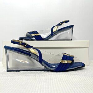 Vintage 70s Norman Kaplan Slingback Wedge Heels Size 8 Blue Gold Lucite Vinyl